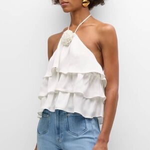 NEW RAMY BROOK Minnie Rosette Tiered Halter Blouse Ivory Off White {$345} XXS